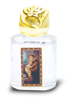 St. Anthony Small Holy Water Bottle with Gold Rose Cap