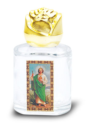 St. Jude Small Holy Water Bottle with Gold Rose Cap 2 Inch
