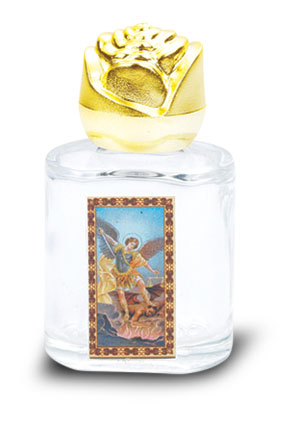 St. Michael Small Holy Water Bottle with Gold Rose Cap