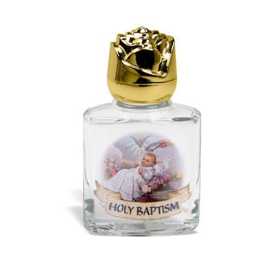 Baptism Small Holy Water Bottle with Gold Rose Cap 2 Inch