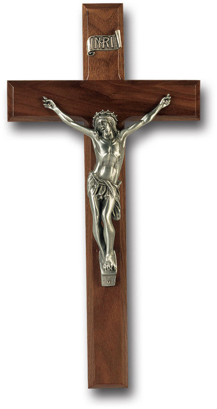 Large Catholic Walnut Wood Wall Crucifix, 12", for Home, Office, Over Door