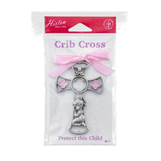 Genuine Pewter Baby Girl Cross with Pink Epoxy Ribbon