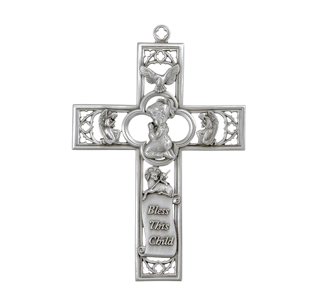 Medium Catholic Pewter Praying Girl Cross, 6", for Home, Office, Over Door