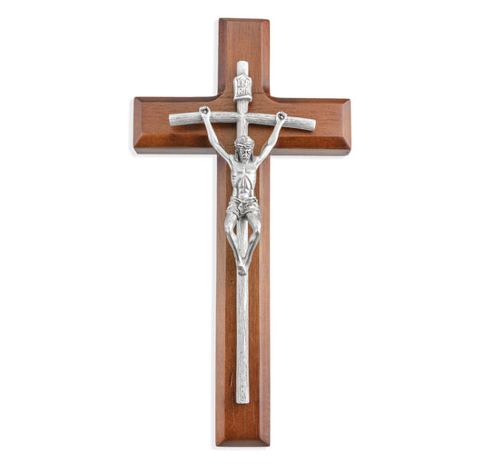 Medium Catholic Papal Wall 10" Pewter and Wood Crucifix, for Home, Office, Over Door