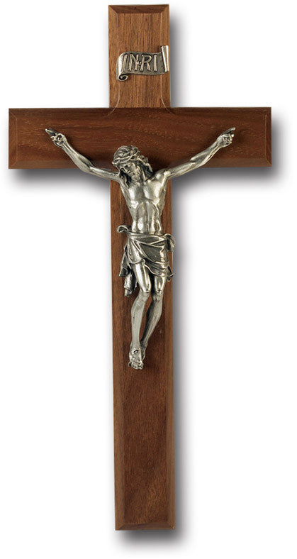 Large Catholic Walnut Wood Wall Crucifix, 11", for Home, Office, Over Door