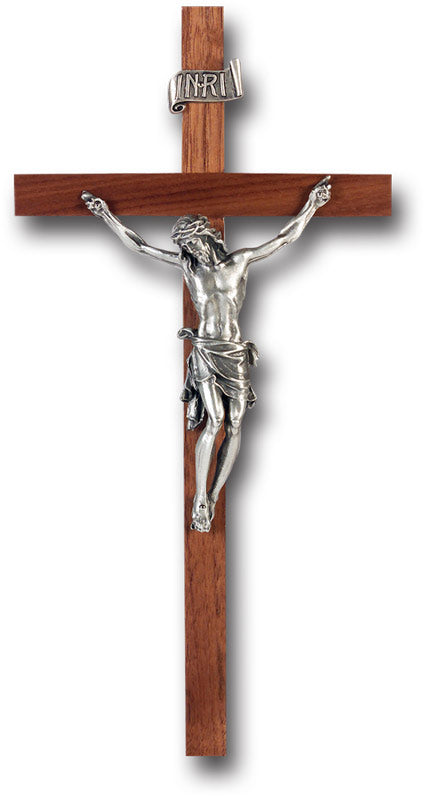 Large Catholic Walnut Wood Wall Crucifix, 11", for Home, Office, Over Door