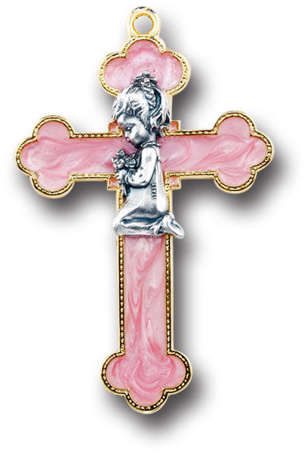 Pink Epoxied Cross with a Praying Female Figure Decor
