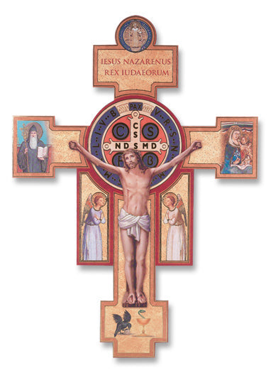 Large Catholic Wooden St. Benedict Jubilee Wall Crucifix, 14", for Home, Office, Over Door