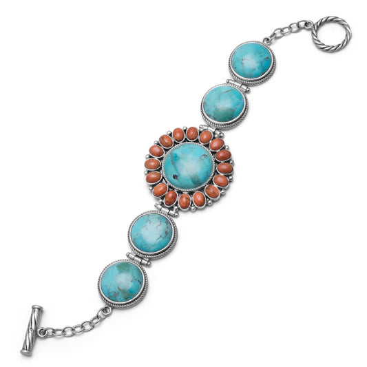 Extel 7.5" Reconstituted Turquoise and Coral Sunburst Toggle Bracelet