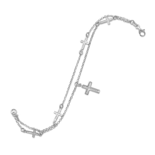 Extel Rhodium Plated Double Strand Cross Charm Bracelet