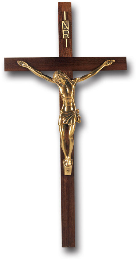 Large Catholic Genuine Walnut Wood Wall Crucifix 13 Inch