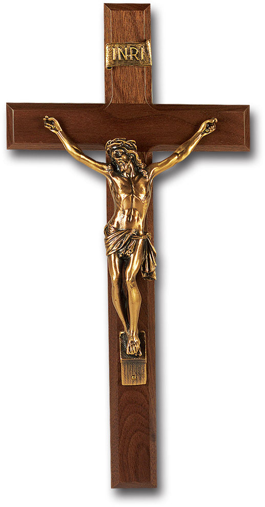 Large Catholic Genuine Walnut Wall Crucifix 13 Inch Decor