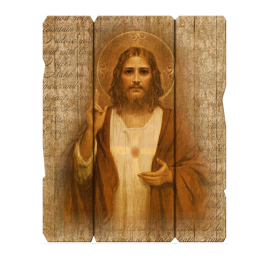 Sacred Heart of Jesus Vintage Barn Board Plaque Wall Art Decor, Medium