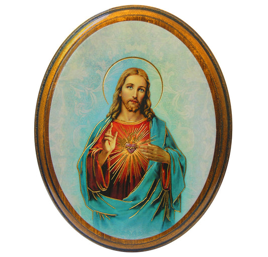 Sacred Heart of Jesus Oval Antiqued Wood Plaque Wall Art Decor, Small