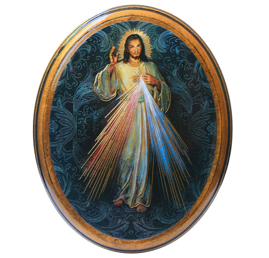 Divine Mercy Oval Antiqued Wood Plaque Wall Art Decor Small