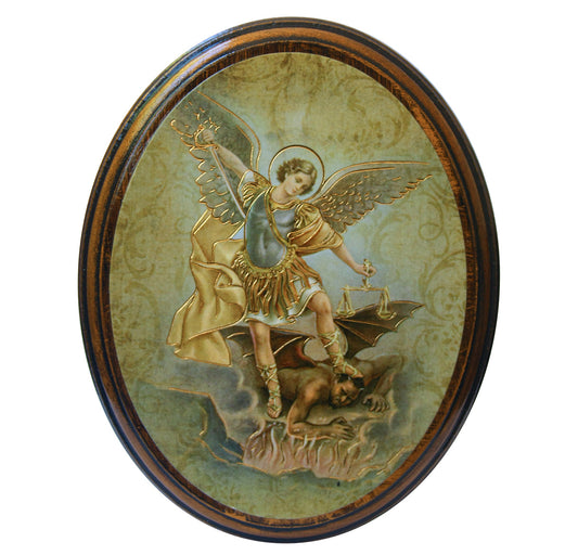 St. Michael Oval Antiqued Wood Plaque Wall Art Decor Small