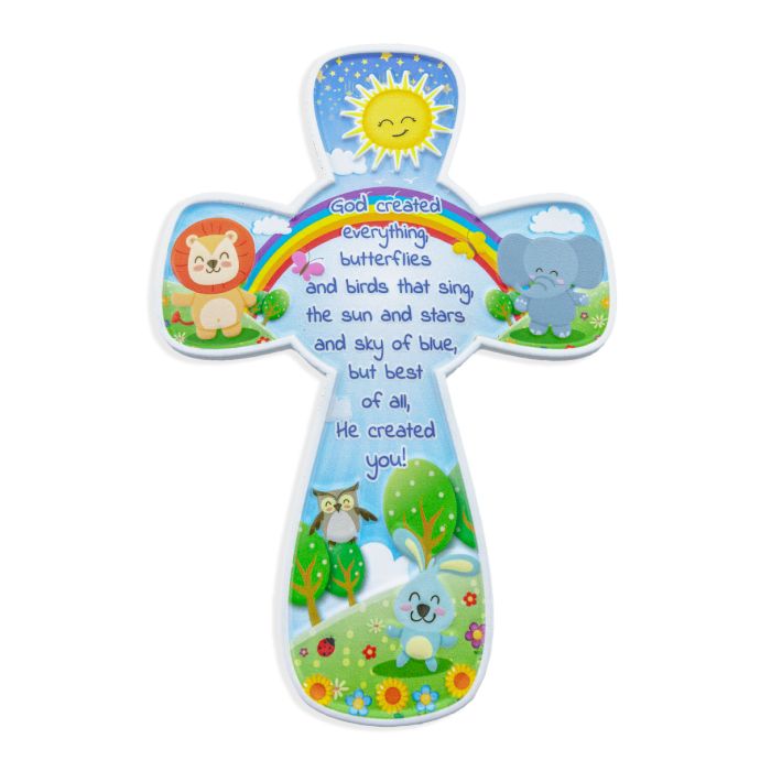 Child Rainbow Jungle Resin Cross in Clear Plastic Box 6 Inch