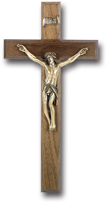 Large Catholic Walnut Wood Wall Crucifix 12 Inches Decor