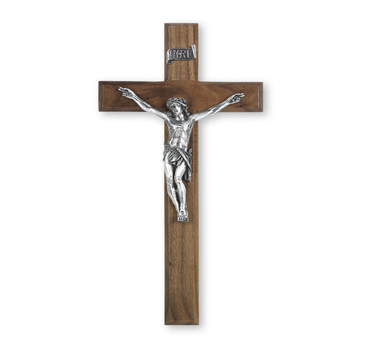 Large Catholic Walnut Wood Wall Crucifix, 12", for Home, Office, Over Door