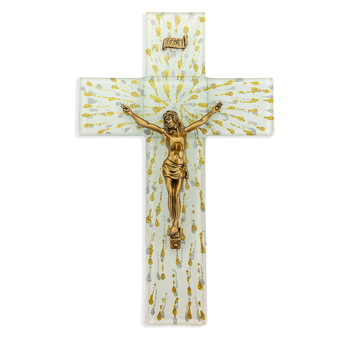 Large Catholic White and Gold Glass Crucifix 10 Inch Home Decor