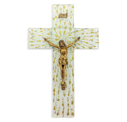 Large Catholic White and Gold Glass Crucifix, 10", for Home, Office, Over Door