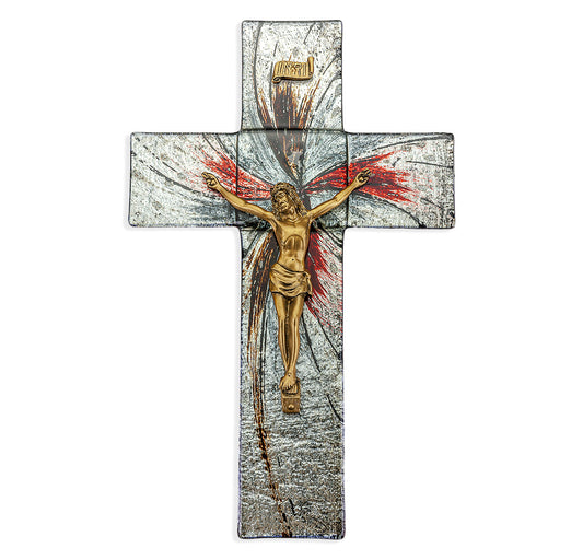 Large Catholic Silver Glass Crucifix, 10", for Home, Office, Over Door