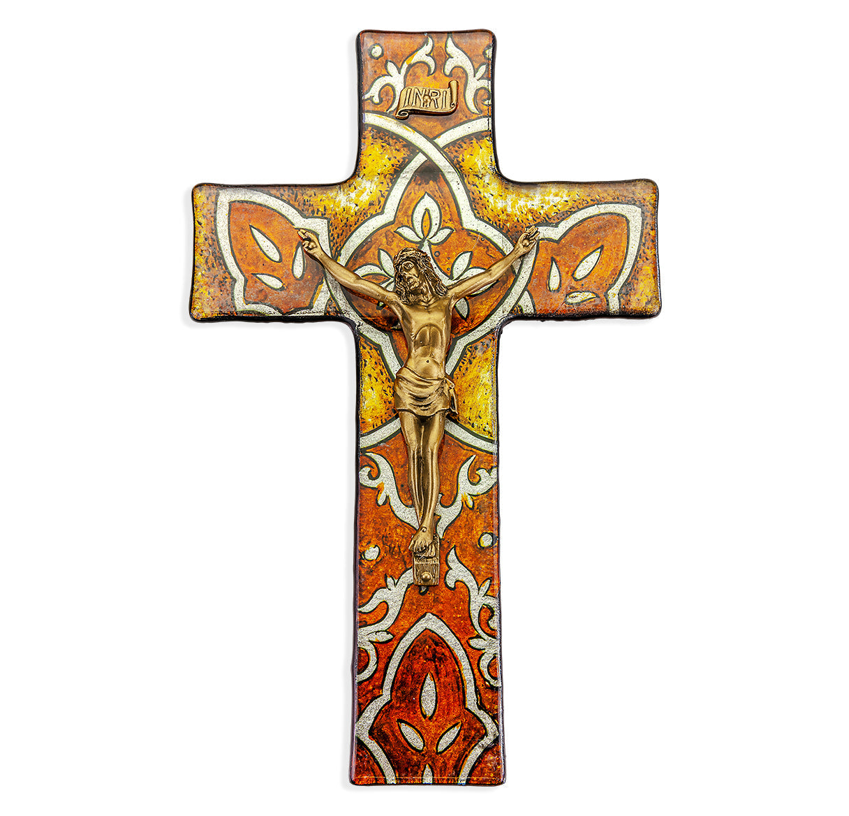 Large Catholic Burnt Orange Glass Crucifix 10 Inch Decor