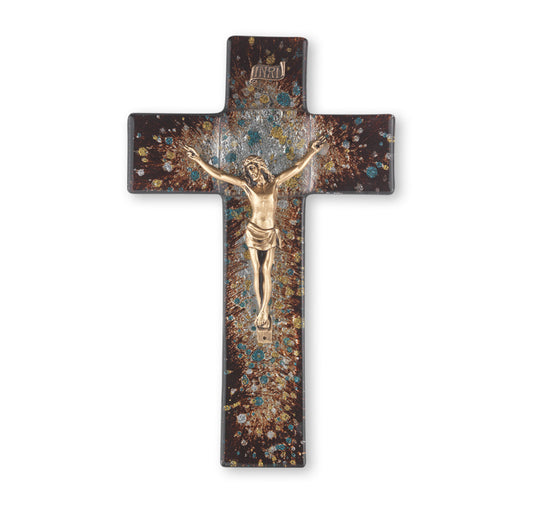 Large Catholic Rich Brown Glass Crucifix, 10", for Home, Office, Over Door