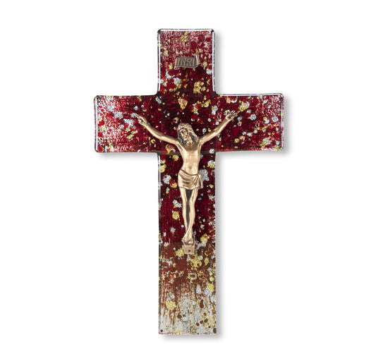 Large Catholic Deep Red Glass Crucifix, 10", for Home, Office, Over Door