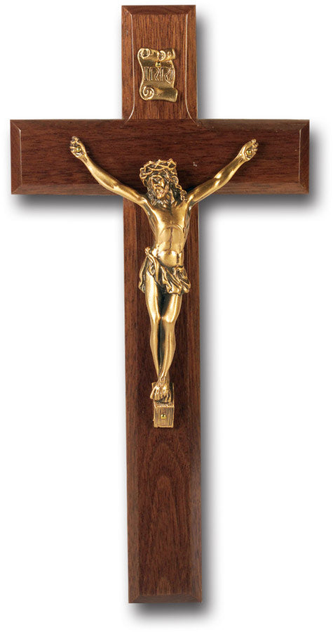 Large Catholic Genuine Walnut Wood Wall Crucifix 10 Inch