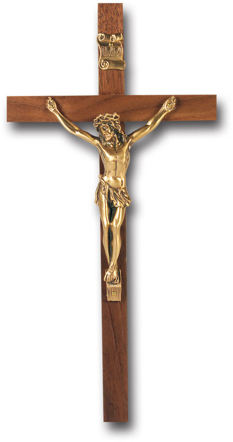 Large Catholic Genuine Walnut Wood Wall Crucifix 10 Inch