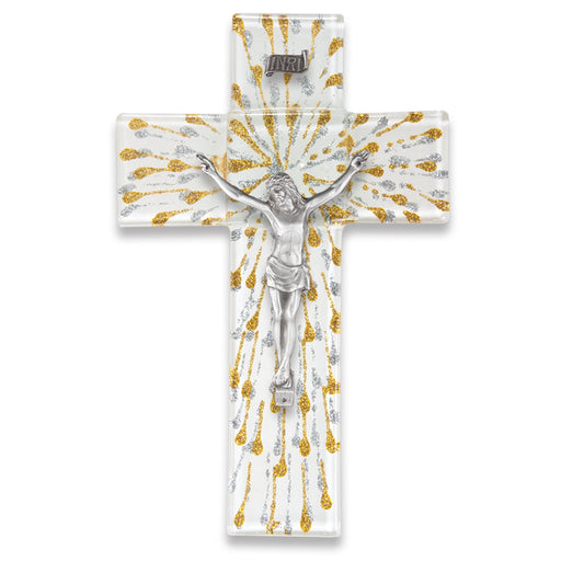 Large Catholic Silver and Gold Glass Crucifix, 10", for Home, Office, Over Door