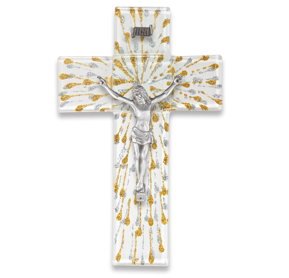 Large Catholic Silver and Gold Glass Crucifix 10 Inch Home Office
