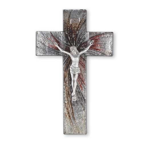 Large Catholic Silver Glass Crucifix, 10", for Home, Office, Over Door