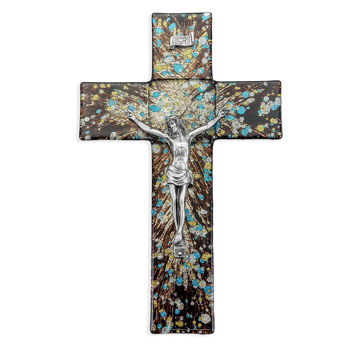 Large Catholic Rich Brown Glass Crucifix 10 Inch Decor Piece