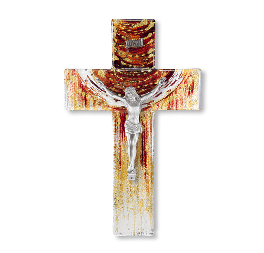 Large Catholic Red and Gold Glass Crucifix, 10", for Home, Office, Over Door