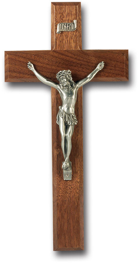 Large Catholic Genuine Walnut Wall Crucifix 10 Inch Decor