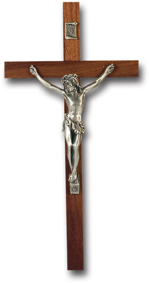 Large Catholic Genuine Walnut Wood Wall Crucifix 10 Inch