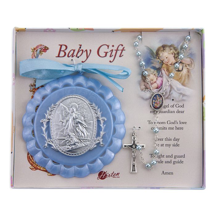 Small Blue Guardian Angel Baby Crib Medal and Rosary for Boy