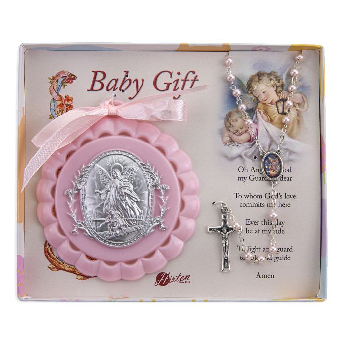 Small Pink Guardian Angel Baby Crib Medal and Rosary for Girl