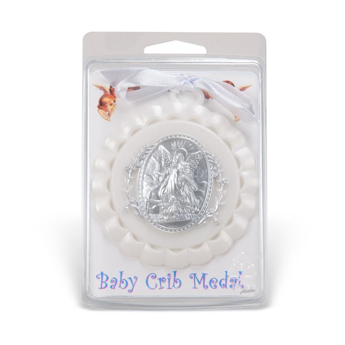 White Guardian Angel Baby Crib Medal in Clamshell Packaging