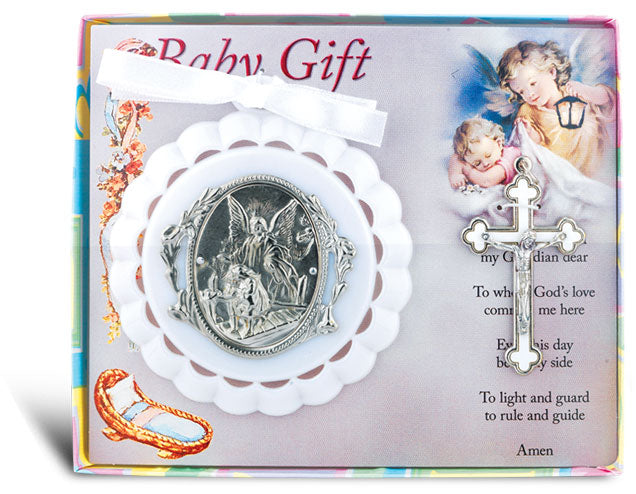 White Baby Crib Medal With 3 Cloverleaf Crucifix For Boy Girl