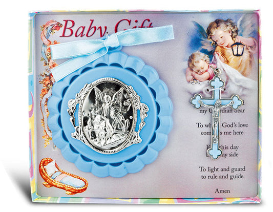 Blue Baby Crib Medal With 3 Cloverleaf Crucifix For Boy Girl