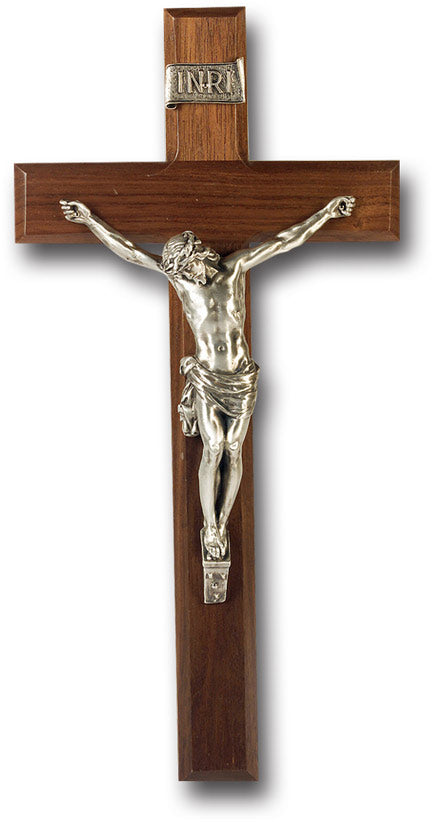 Large Catholic Genuine Walnut Wood Wall Crucifix 12 Inch