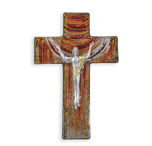 Medium Catholic Red and Gold Glass Risen Cross, 7", for Home, Office, Over Door