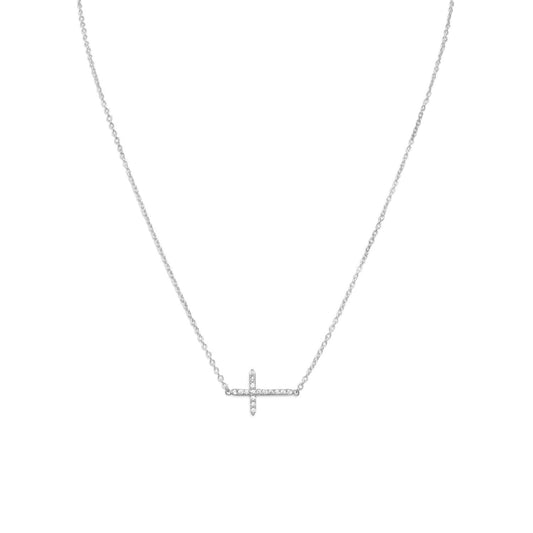 Extel 16" + 2" Rhodium Plated CZ Sideways Cross Necklace