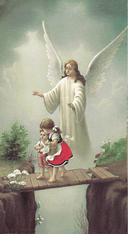 Guardian Angel Crossing the Bridge Paper Catholic Prayer Holy Card with Blank Back, Pack of 100