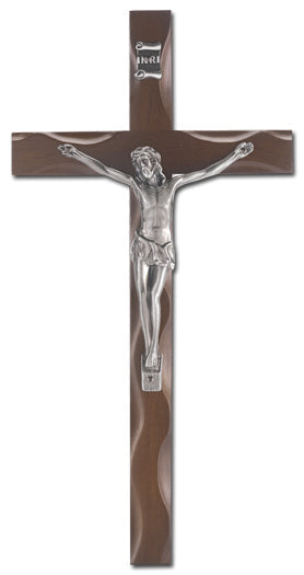 Large Catholic Walnut Notched Wood Wall Crucifix, 10", for Home, Office, Over Door
