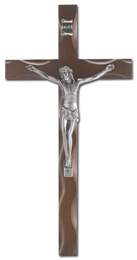 Large Catholic Walnut Notched Wood Wall Crucifix 10 Inch
