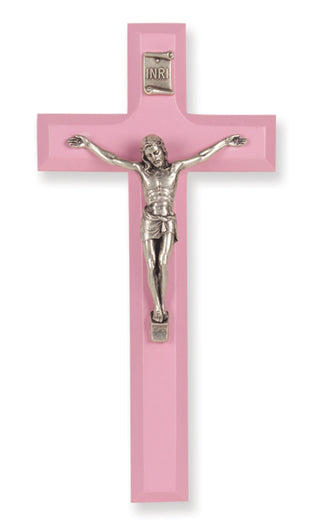 Medium Catholic Pink Wood Crucifix, 7", for Home, Office, Over Door